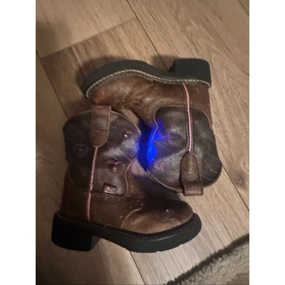Justin Girls Brown Heart Embroidery Light Up Gypsy Cowboy Boots Size 9D - Picture 4 of 8